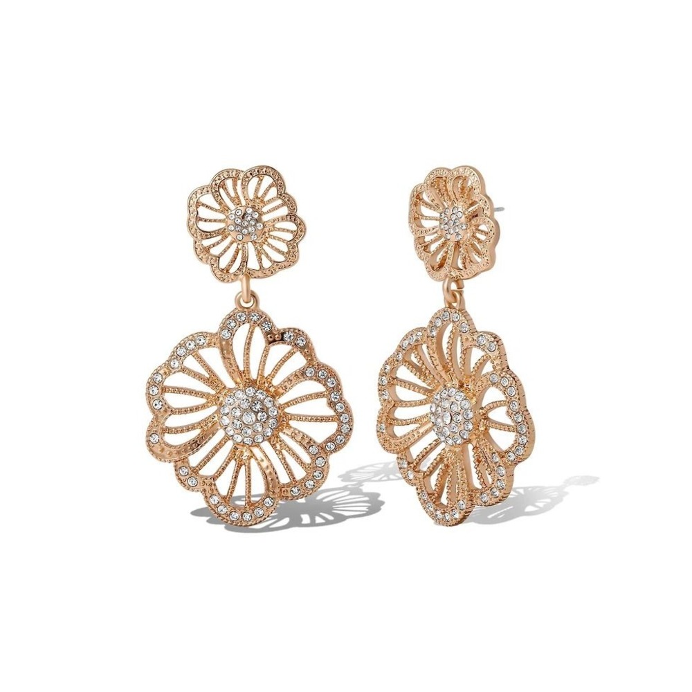 Jessica Simpson Floral‎ Drop Earrings Women Pave Crystal Gold Tone New Box OS